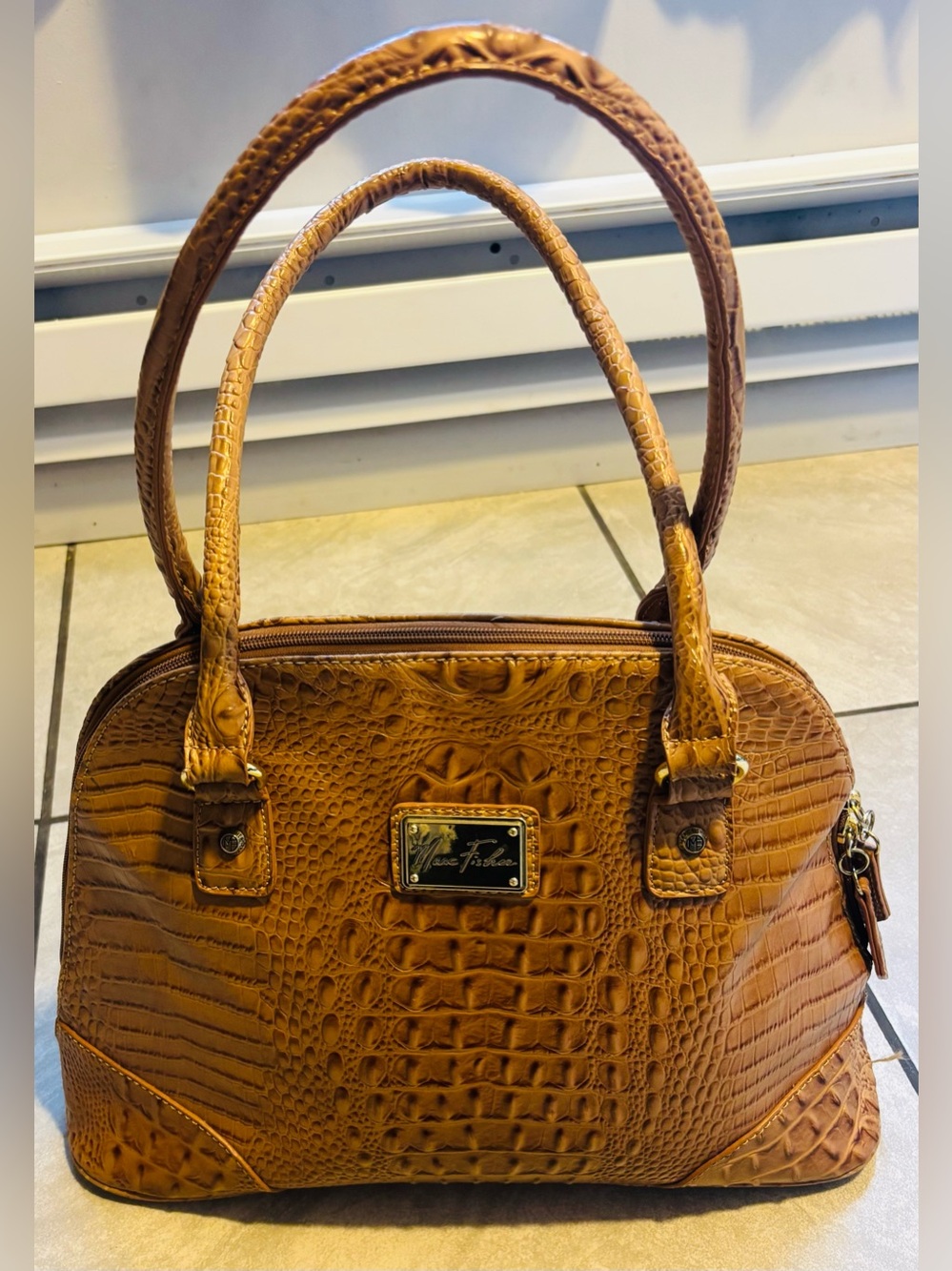 Marc Fisher Brown Croc-Embossed Vegan Leather Satchel